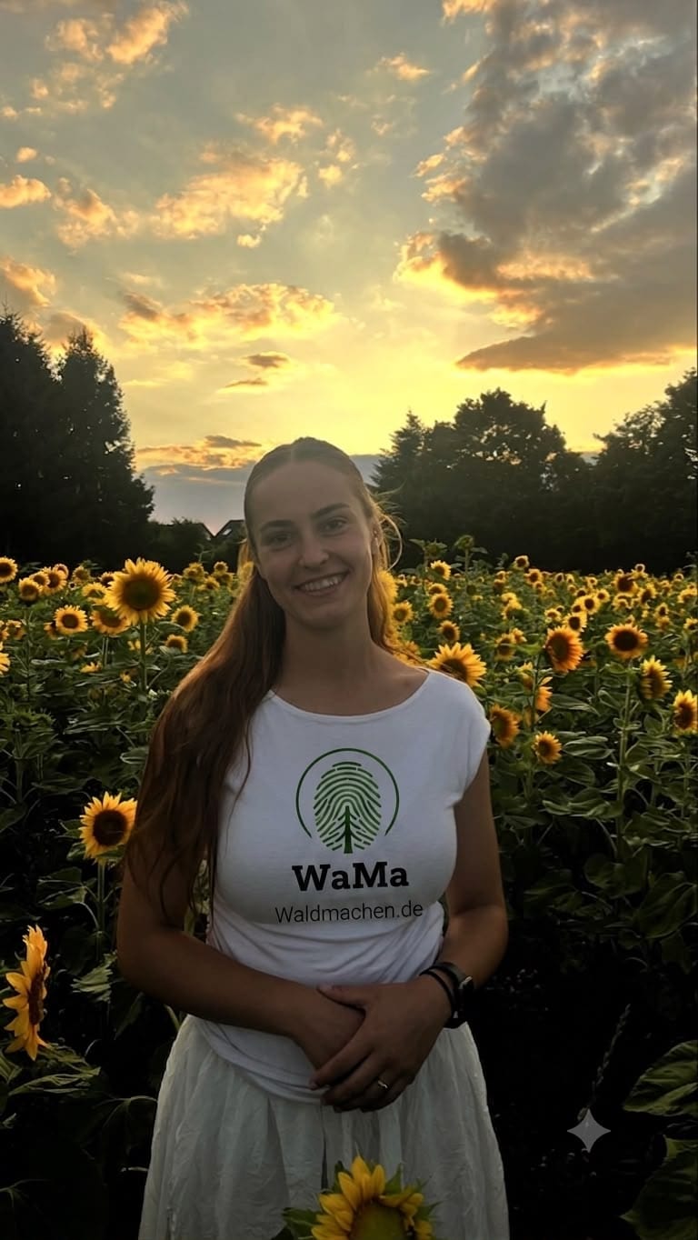 Vereinsmitglied im weißen WaMa-Shirt vor einem Sonnenblumenfeld im Abendlicht